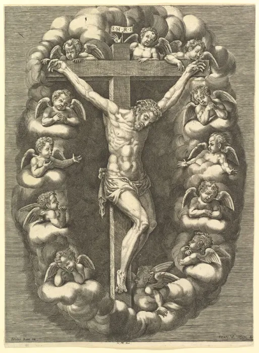 Framed Print : The Crucified Christ Surrounded by Mourning Angels, 1575-1679. Creator: Giorgio Ghisi Framed Print : The Crucified Christ Surrounded by Mourning Angels, 1575-1679. Creator: Giorgio Ghisi