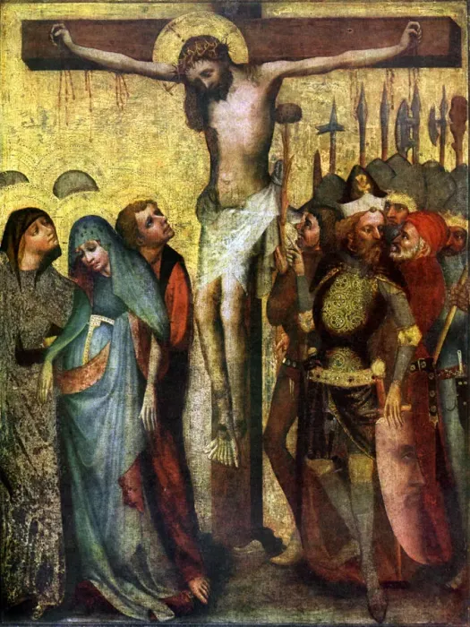 Framed Print : Crucifixion, before 1400 (1955). Artist: Workshop of the Master of the Trebon Altarpiece Framed Print : Crucifixion, before 1400 (1955). Artist: Workshop of the Master of the Trebon Altarpiece