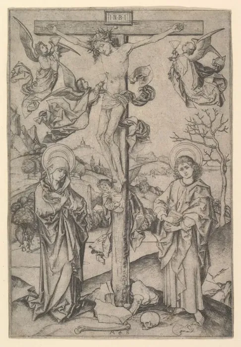Framed Print : The Crucifixion with Four Angels, ca. 1435-1491. Creator: Martin Schongauer Framed Print : The Crucifixion with Four Angels, ca. 1435-1491. Creator: Martin Schongauer