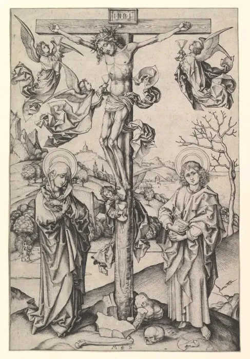 Framed Print : Crucifixion with Four Angels, ca. 1435-1491. Creator: Martin Schongauer Framed Print : Crucifixion with Four Angels, ca. 1435-1491. Creator: Martin Schongauer