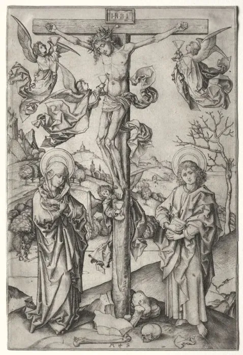 Framed Print : The Crucifixion with Four Angels. Creator: Martin Schongauer (German, c. 1450-1491) Framed Print : The Crucifixion with Four Angels. Creator: Martin Schongauer (German, c. 1450-1491)