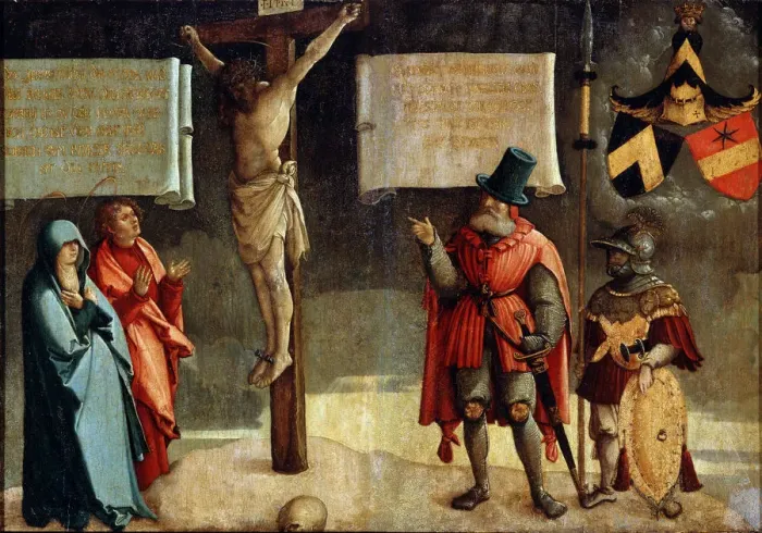 Framed Print : Crucifixion with Donors, 16th century Framed Print : Crucifixion with Donors, 16th century