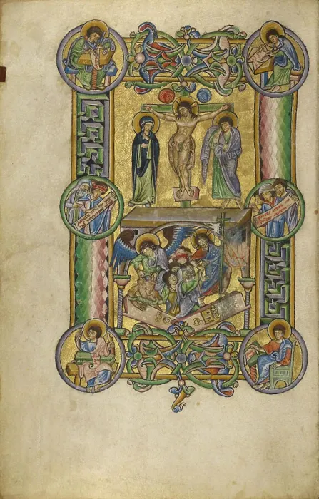 Framed Print : The Crucifixion and The Harrowing of Hell; New Testament, late 12th century. Creator: Unknown Framed Print : The Crucifixion and The Harrowing of Hell; New Testament, late 12th century. Creator: Unknown