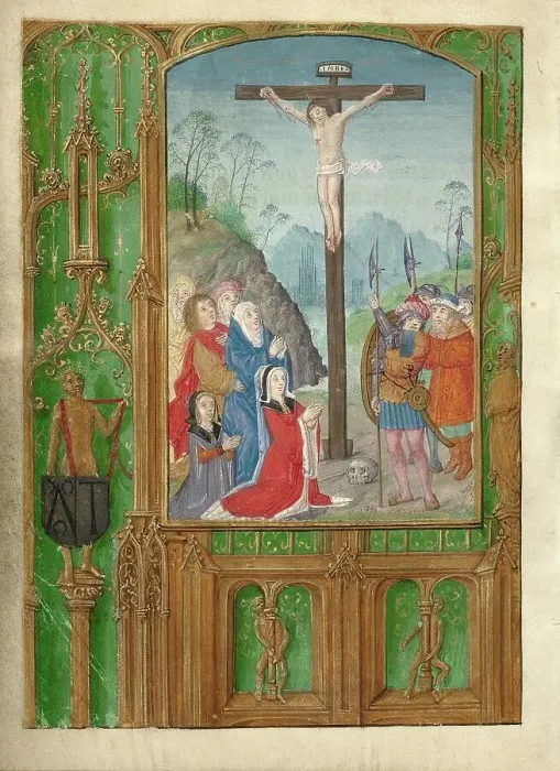 Framed Print : The Crucifixion with a Kneeling Woman; Book of Hours, about 1500. Creator: Workshop of Gerard Horenbout Framed Print : The Crucifixion with a Kneeling Woman; Book of Hours, about 1500. Creator: Workshop of Gerard Horenbout