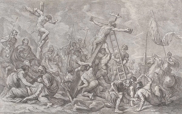 The Crucifixion, with the lowering of the cross at center, soldiers throughout