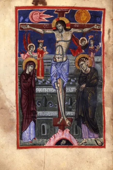 Framed Print : The Crucifixion (Manuscript illumination from the Matenadaran Gospel), 14th-15th century Framed Print : The Crucifixion (Manuscript illumination from the Matenadaran Gospel), 14th-15th century