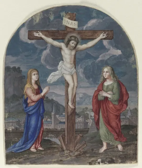 Framed Print : The Crucifixion: Miniature Excised from a Prayer Book, c. 1540-1550. Creator: Unknown Framed Print : The Crucifixion: Miniature Excised from a Prayer Book, c. 1540-1550. Creator: Unknown