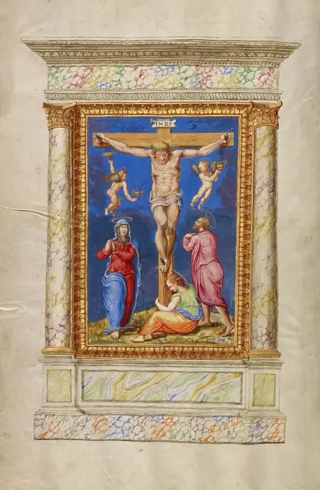 Framed Print : The Crucifixion; Missal of Bishop Antonio Scarampi, 1567. Creator: Fra Vincentius a Fundis Framed Print : The Crucifixion; Missal of Bishop Antonio Scarampi, 1567. Creator: Fra Vincentius a Fundis