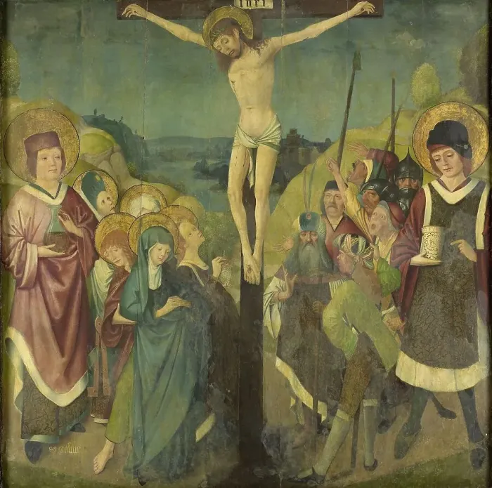 Framed Print : Crucifixion with Saints Cosmas and Damian, 1425-1449. Creator: Anon Framed Print : Crucifixion with Saints Cosmas and Damian, 1425-1449. Creator: Anon