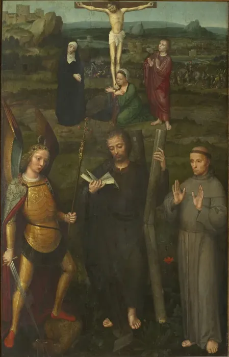 Framed Print : The Crucifixion with Saints Michael the Archangel, Andrew, and Francis of Assisi, c Framed Print : The Crucifixion with Saints Michael the Archangel, Andrew, and Francis of Assisi, c
