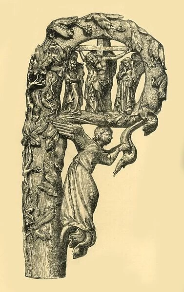 Crucifixion scene, crozier, 1330-1340, (1881). Creator: W Wise