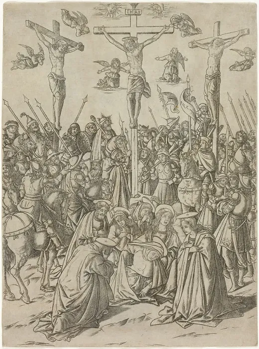 Framed Print : The Crucifixion with the Two Thieves, plate ten from the Life of the Virgin and Christ, c.1470. Creator: Francesco Rosselli Framed Print : The Crucifixion with the Two Thieves, plate ten from the Life of the Virgin and Christ, c.1470. Creator: Francesco Rosselli