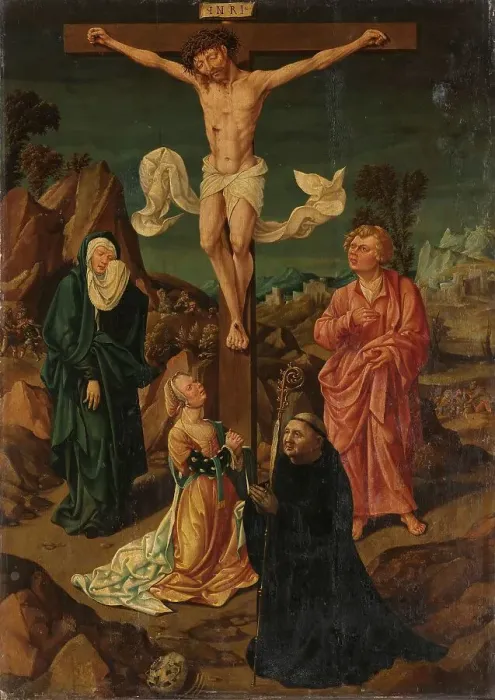 Framed Print : Crucifixion with the Virgin, Saint John, Mary Magdalene, a Donor, 1500-1530. Creator: Anon Framed Print : Crucifixion with the Virgin, Saint John, Mary Magdalene, a Donor, 1500-1530. Creator: Anon