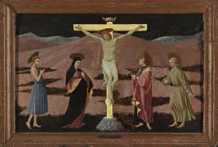 Framed Print : The Crucifixion with the Virgin, Saint John the Baptist, Saint John the Evangelist and Saint...1460. Creator: Paolo Uccello Framed Print : The Crucifixion with the Virgin, Saint John the Baptist, Saint John the Evangelist and Saint...1460. Creator: Paolo Uccello