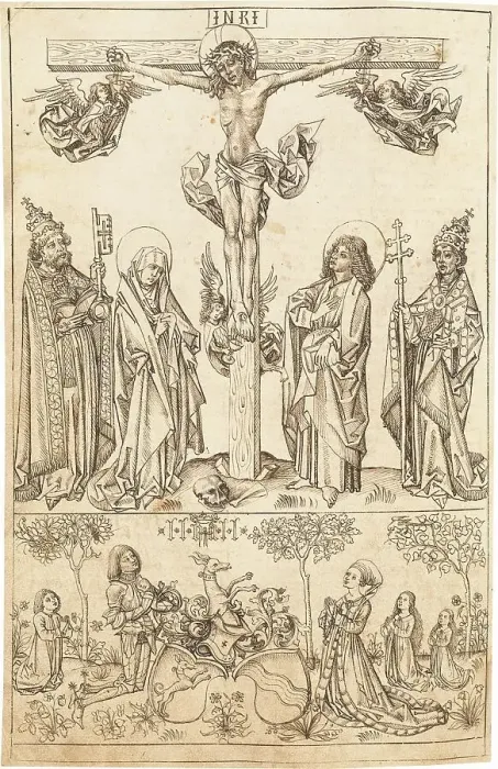 Framed Print : The Crucifixion with the Virgin and Saints and the Hungerstein Family, c. 1492. Creator: Master of the Strassburg Chronicle Framed Print : The Crucifixion with the Virgin and Saints and the Hungerstein Family, c. 1492. Creator: Master of the Strassburg Chronicle