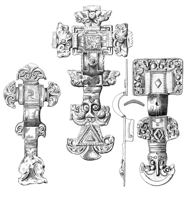 Framed Print : Cruciform and square-headed fibulae, 1893. Artist: A Housselin Framed Print : Cruciform and square-headed fibulae, 1893. Artist: A Housselin