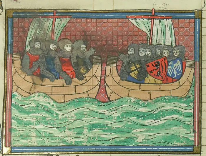 Framed Print : Crusader Fleet (From Li rommans de Godefroy de Buillon et de Salehadin'), 1337. Creator: Maître de Fauvel (active 1314-1340). Crusader Fleet (From Li rommans de Godefroy de Buillon et de Salehadin'), 1337 Framed Print : Crusader Fleet (From Li rommans de Godefroy de Buillon et de Salehadin'), 1337. Creator: Maître de Fauvel (active 1314-1340). Crusader Fleet (From Li rommans de Godefroy de Buillon et de Salehadin'), 1337