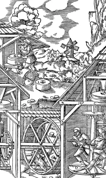 Framed Print : Crushing gold bearing ores in mills similar in principle to flour mills, 1556 Framed Print : Crushing gold bearing ores in mills similar in principle to flour mills, 1556
