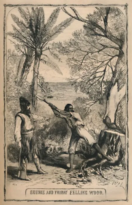 Framed Print : Crusoe and Friday Felling Wood, c1870 Framed Print : Crusoe and Friday Felling Wood, c1870