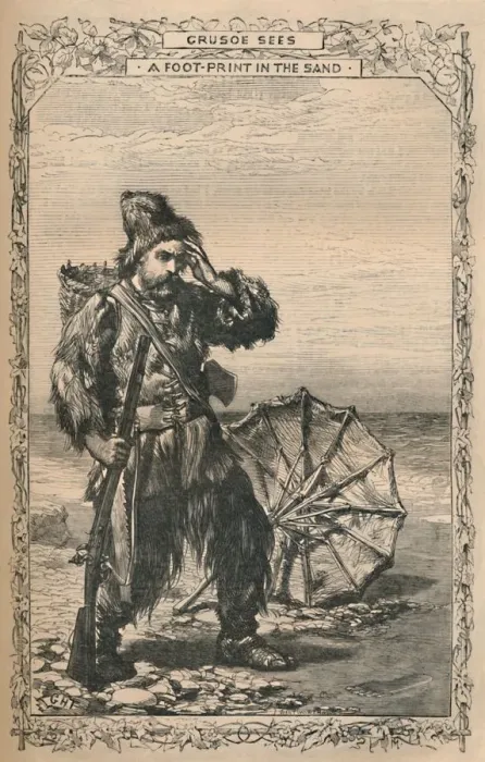Framed Print : Crusoe Sees a Foot-Print in the Sand, c1870 Framed Print : Crusoe Sees a Foot-Print in the Sand, c1870