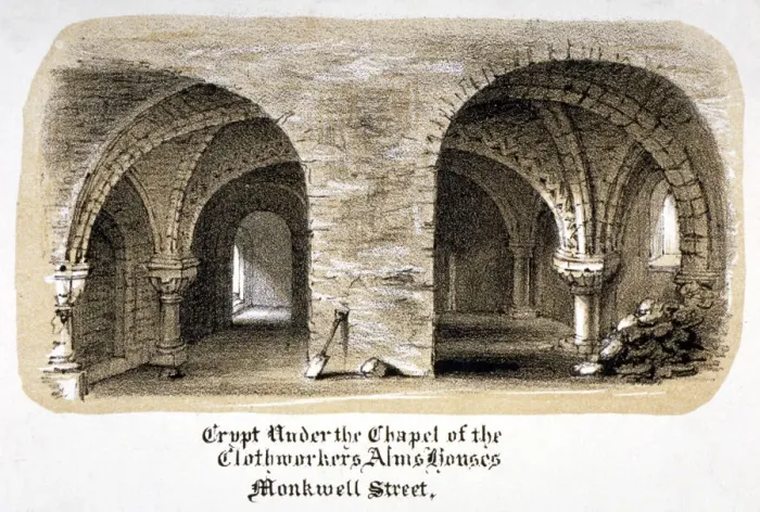 Framed Print : Crypt under the Chapel of the Clothworkers Almshouses, Monkwell Street, City of London, c1825 Framed Print : Crypt under the Chapel of the Clothworkers Almshouses, Monkwell Street, City of London, c1825