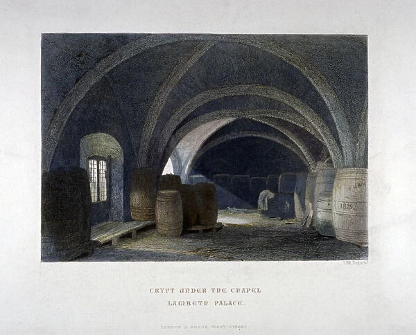 Crypt filled with barrrels under the chapel at Lambeth Palace, London, 1851. Artist