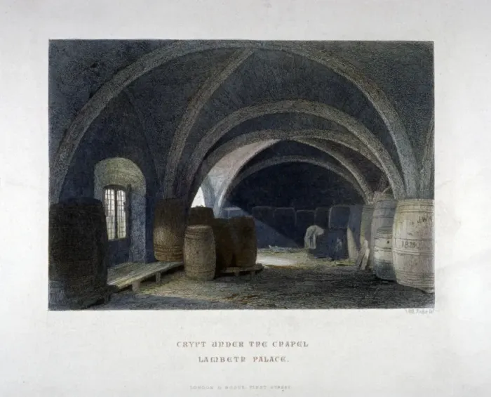 Framed Print : Crypt filled with barrrels under the chapel at Lambeth Palace, London, 1851. Artist Framed Print : Crypt filled with barrrels under the chapel at Lambeth Palace, London, 1851. Artist