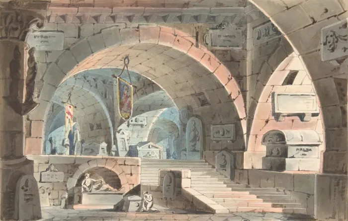 Framed Print : Crypt with a Kneeling Mourner, 1830-40. Creator: Anon Framed Print : Crypt with a Kneeling Mourner, 1830-40. Creator: Anon
