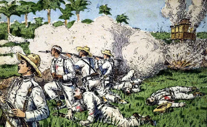 Framed Print : Cuba War (1895 - 1898), the Spanish troops defending El Caney before an American Framed Print : Cuba War (1895 - 1898), the Spanish troops defending El Caney before an American
