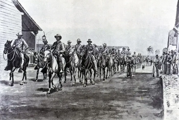 Framed Print : Cuba War, Spanish troops riding back from an expedition, engraving, 1897 Framed Print : Cuba War, Spanish troops riding back from an expedition, engraving, 1897