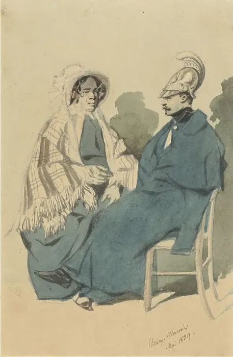 Framed Print : Cuirassier with helmet and blue cloak, sitting next to an old lady in a travelling dress, 1839. Creator: Henry Bonaventure Monnier Framed Print : Cuirassier with helmet and blue cloak, sitting next to an old lady in a travelling dress, 1839. Creator: Henry Bonaventure Monnier
