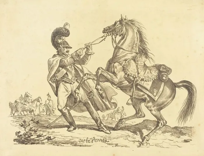 Framed Print : Cuirassier retenant son cheval qui se cabre, in or after 1816. Creator: Carle Vernet Framed Print : Cuirassier retenant son cheval qui se cabre, in or after 1816. Creator: Carle Vernet