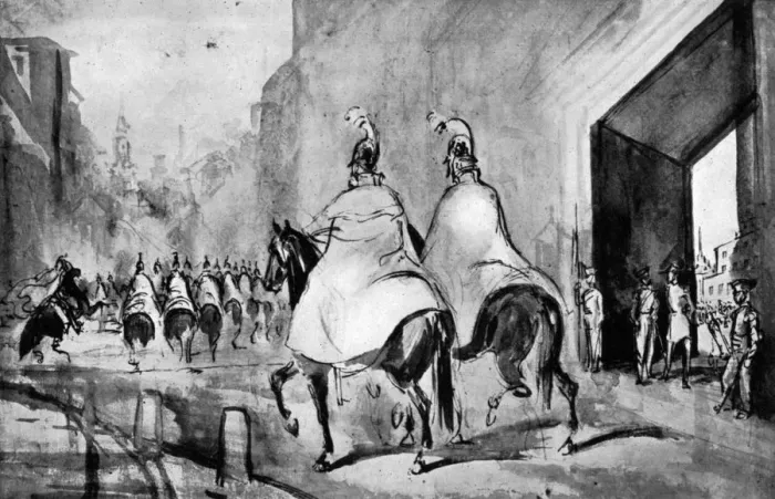 Framed Print : Cuirassiers, 19th century, (1930). Artist: Constantin Guys Framed Print : Cuirassiers, 19th century, (1930). Artist: Constantin Guys