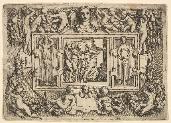 The Cumeaean sibyl walking to the right and carrying a tray, followed by three wome