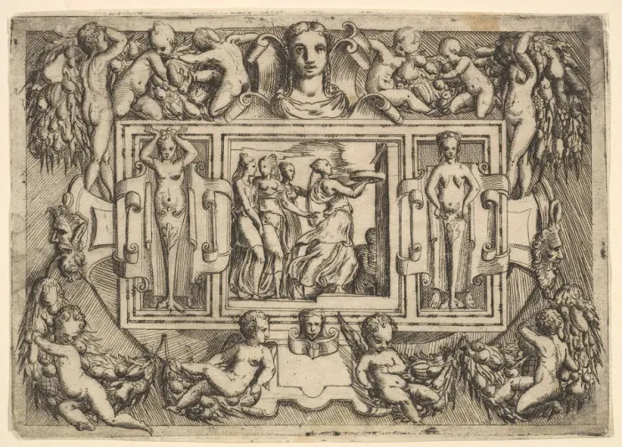 Framed Print : The Cumeaean sibyl walking to the right and carrying a tray, followed by three wome Framed Print : The Cumeaean sibyl walking to the right and carrying a tray, followed by three wome