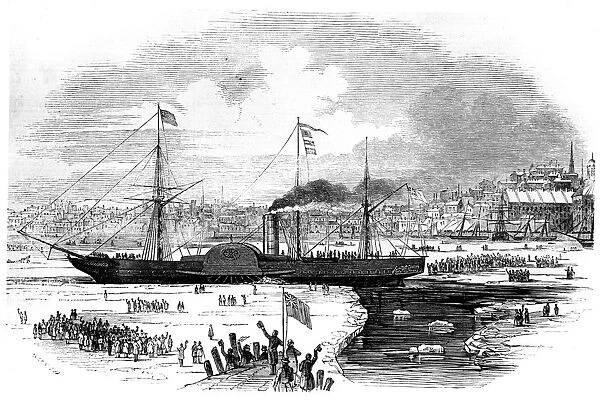 Cunard Lines first transatlantic liner Britannia leaving Boston, Massachusetts, USA, 1847. Artist: Smyth