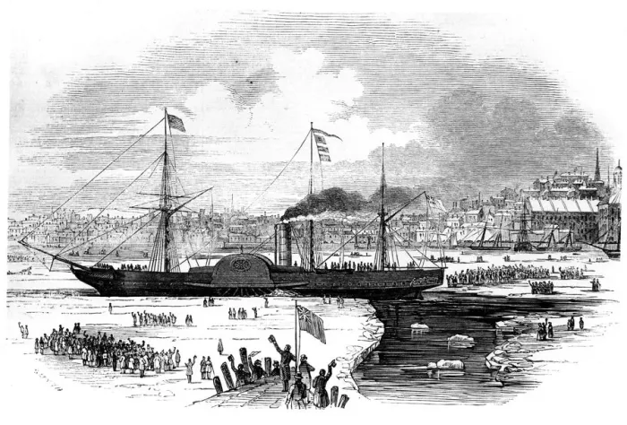 Framed Print : Cunard Lines first transatlantic liner Britannia leaving Boston, Massachusetts, USA, 1847. Artist: Smyth Framed Print : Cunard Lines first transatlantic liner Britannia leaving Boston, Massachusetts, USA, 1847. Artist: Smyth