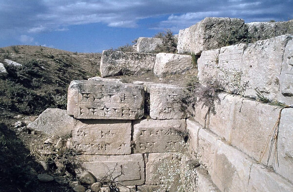 Cuneiform inscriptions on stones, ruined aqueduct, Jerwan, Iraq, 1977