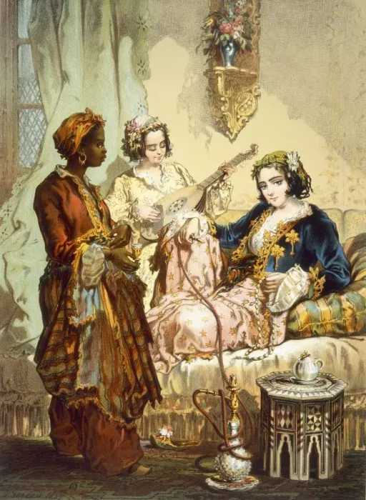 Framed Print : The Cup of Coffee: Two women taking coffee and smoking hubble-bubble, pub. 1865. Creator Framed Print : The Cup of Coffee: Two women taking coffee and smoking hubble-bubble, pub. 1865. Creator