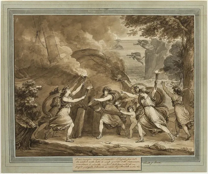 Framed Print : Cupid Advises Calypso to Set Fire to Mentor's Ship, from The Adventures of... 1808. Creator: Bartolomeo Pinelli Framed Print : Cupid Advises Calypso to Set Fire to Mentor's Ship, from The Adventures of... 1808. Creator: Bartolomeo Pinelli