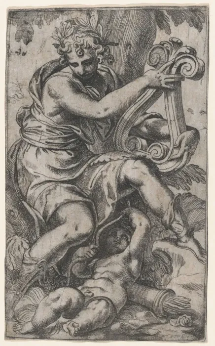 Framed Print : Cupid and Apollo with a lyre, ca. 1568. ca. 1568. Creator: Paolo Farinati