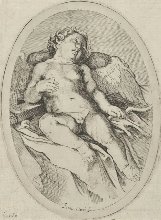 Framed Print : Cupid asleep, resting his right arm on his quiver and his left arm on his bow, an oval Framed Print : Cupid asleep, resting his right arm on his quiver and his left arm on his bow, an oval