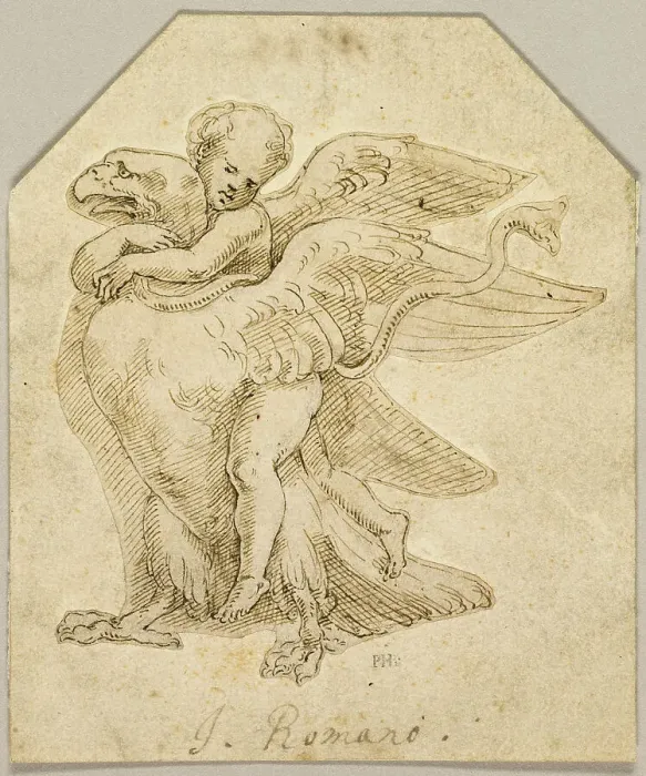 Framed Print : Cupid Astride an Eagle, n.d. Creator: Giulio Romano Framed Print : Cupid Astride an Eagle, n.d. Creator: Giulio Romano