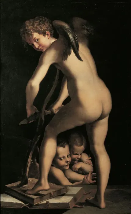 Framed Print : Cupid carving bows (after Parmigianino). Creator: Heintz, Joseph, der Framed Print : Cupid carving bows (after Parmigianino). Creator: Heintz, Joseph, der