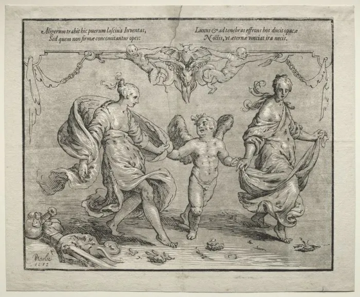 Framed Print : Cupid dancing with two allegorical women, 1612. Creator: Paulus Moreelse (Dutch, 1571-1638) Framed Print : Cupid dancing with two allegorical women, 1612. Creator: Paulus Moreelse (Dutch, 1571-1638)