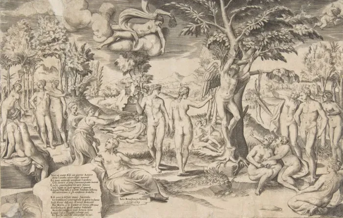 Framed Print : Cupid in the Elysian Fields tied to a tree in the centre, surrounded my many figures Framed Print : Cupid in the Elysian Fields tied to a tree in the centre, surrounded my many figures