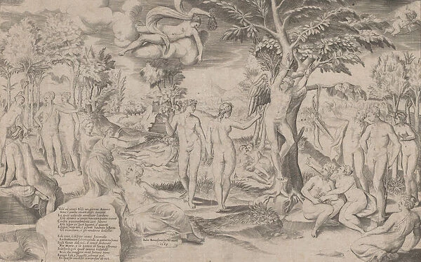 Cupid in the Elysian Fields tied to a tree in the centre, surrounded by many figures