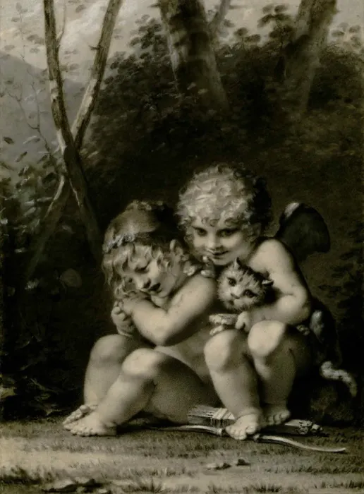 Framed Print : Cupid and little girl playing with a cat. Creator: Prud hon, Pierre-Paul (1758-1823) Framed Print : Cupid and little girl playing with a cat. Creator: Prud hon, Pierre-Paul (1758-1823)