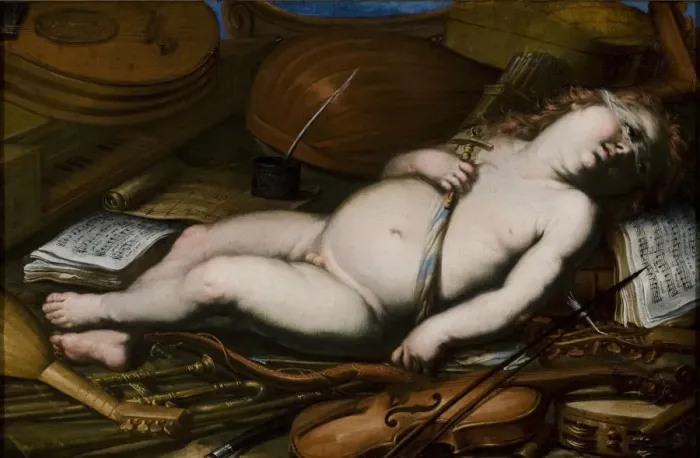 Framed Print : Cupid Among Musical Instruments, Mid of 17th century. Artist: Anonymous Framed Print : Cupid Among Musical Instruments, Mid of 17th century. Artist: Anonymous