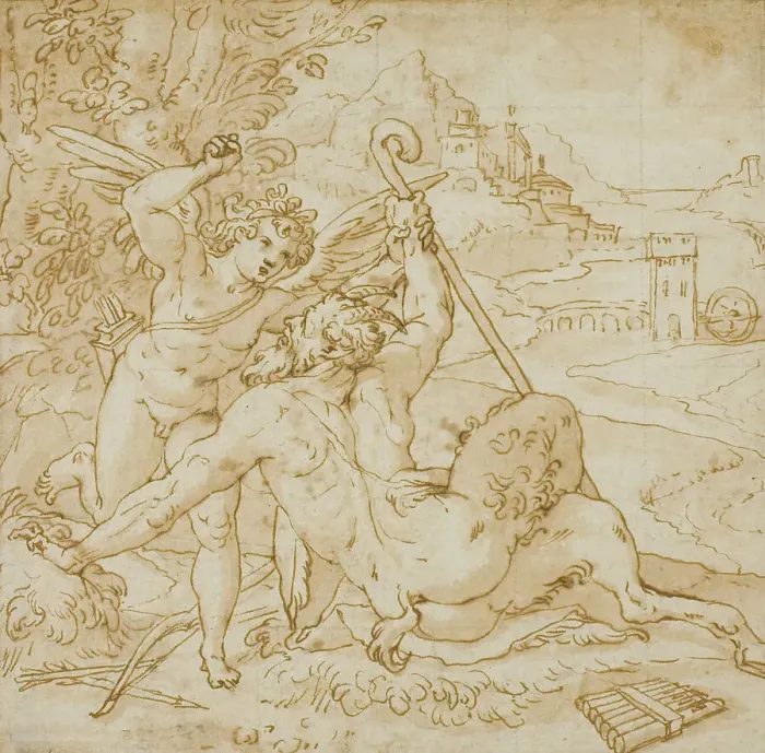 Framed Print : Cupid Overcoming Pan, n.d. Creator: Orazio Samacchini Framed Print : Cupid Overcoming Pan, n.d. Creator: Orazio Samacchini